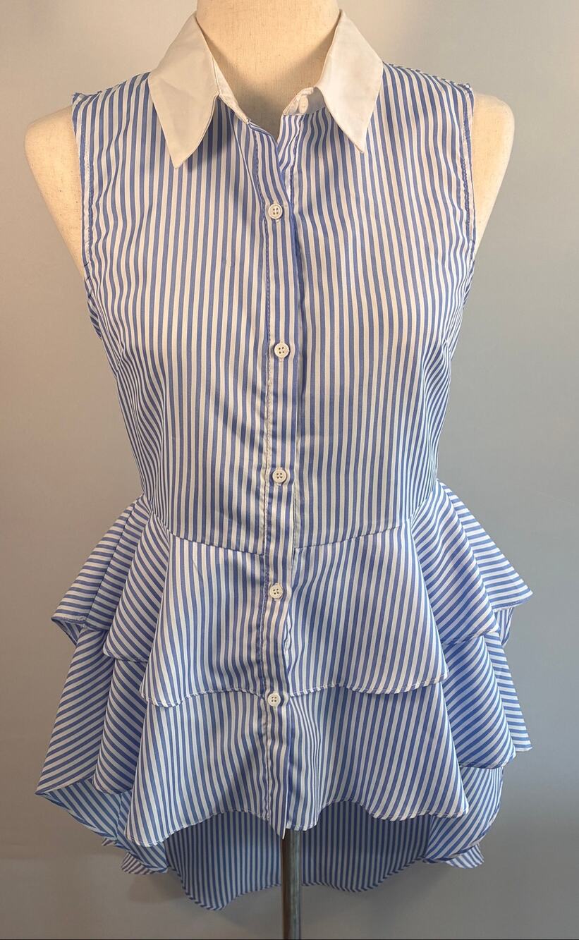 English Factory Blue White Stripe Sleeveless Ruffle Peplum Top S